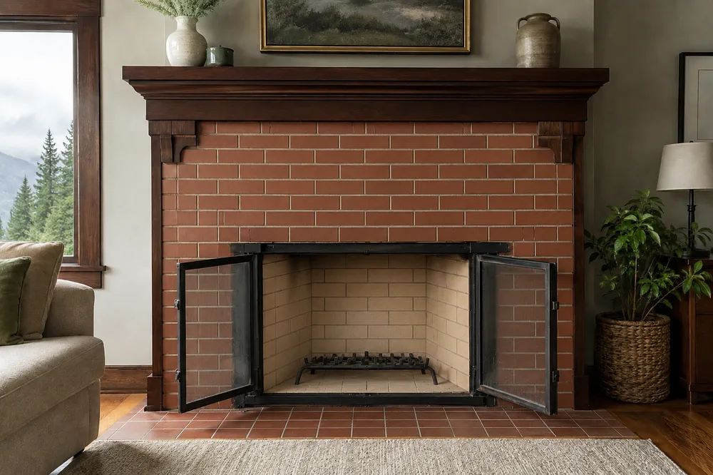 After: the same firebox clean, with the brick colour visible again