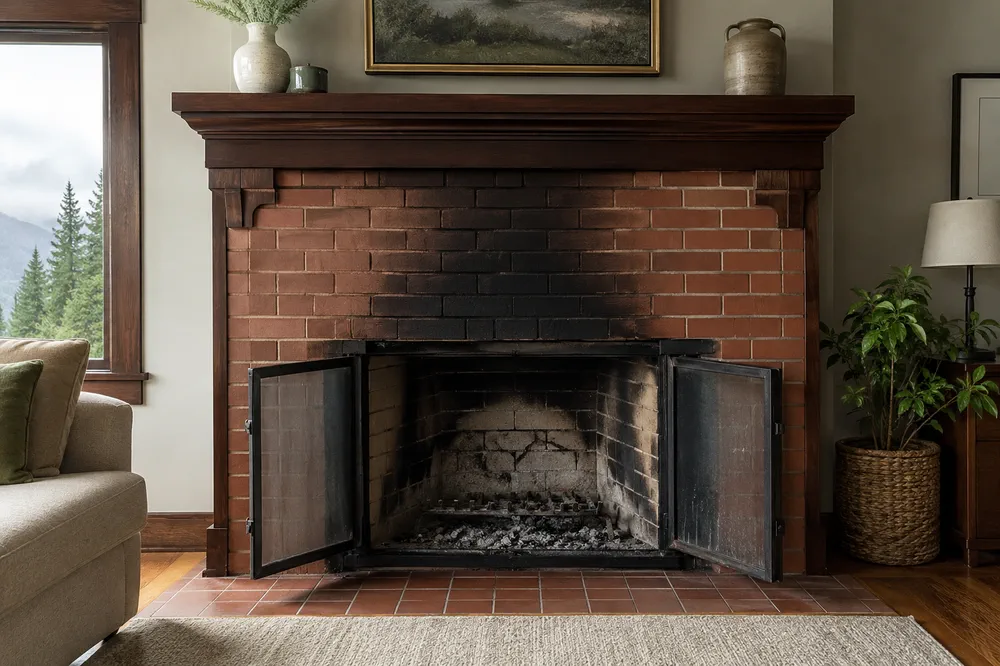 Before: firebox and surround blackened with soot